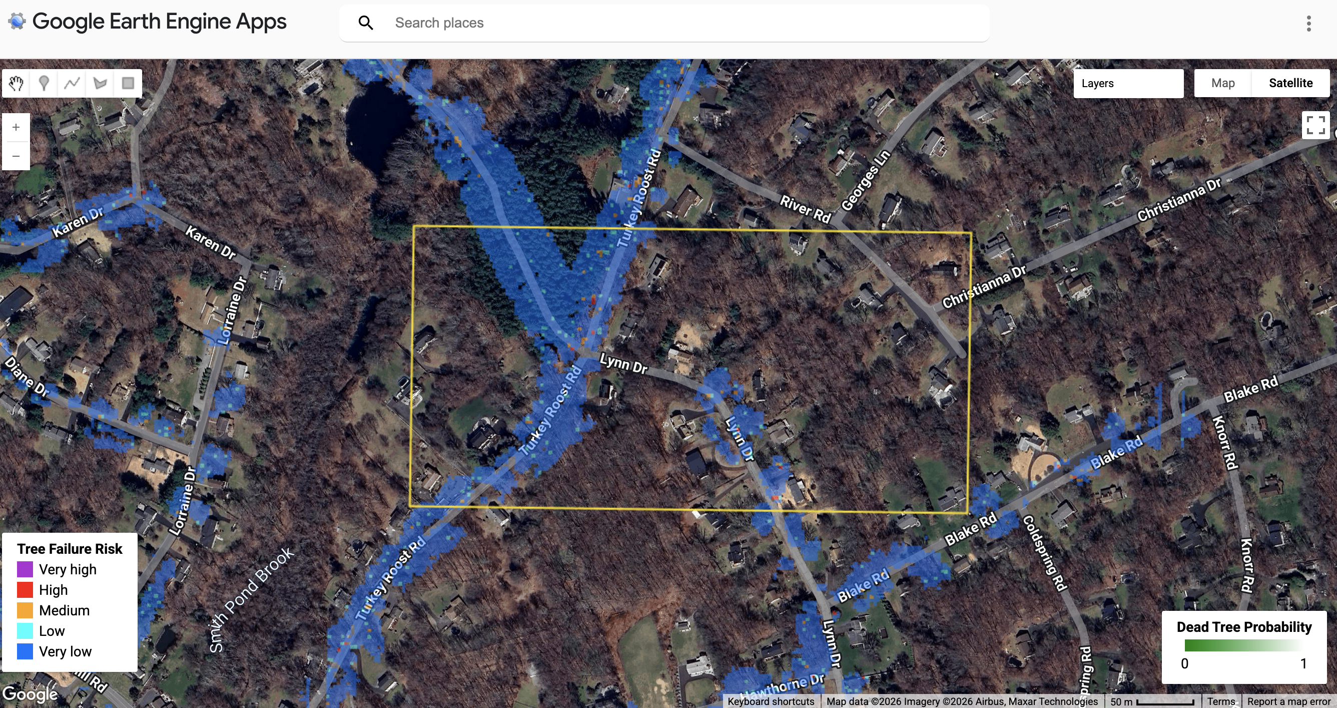 Predicted roadside tree failure risk map