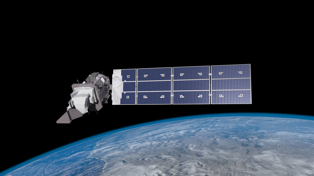 Illustration of the Landsat 9 satellite above Earth's curved horizon